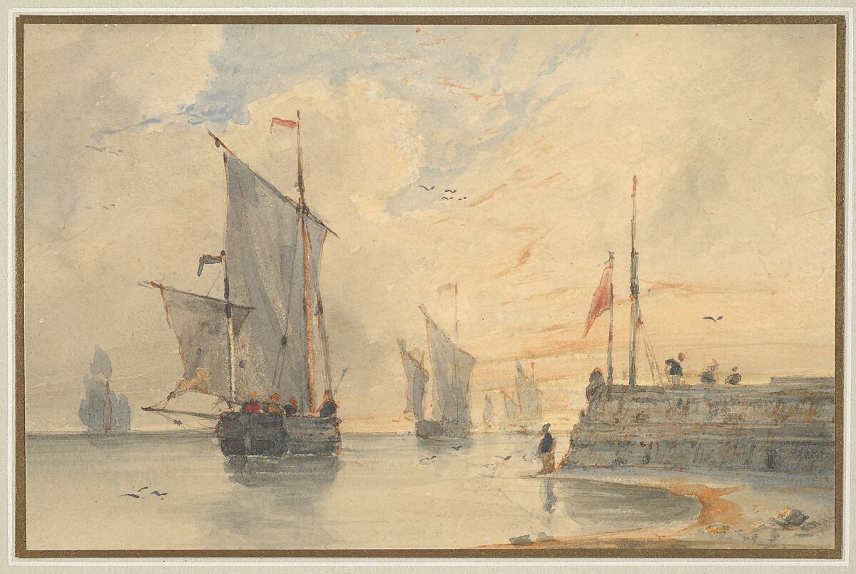 Fishing Luggers (Chasse-marée) Making Sail, Off Calais, Louis François Thomas Francia (French, Calais 1772–1839 Calais (active England)), Graphite, pen and brown-red ink, and watercolor 