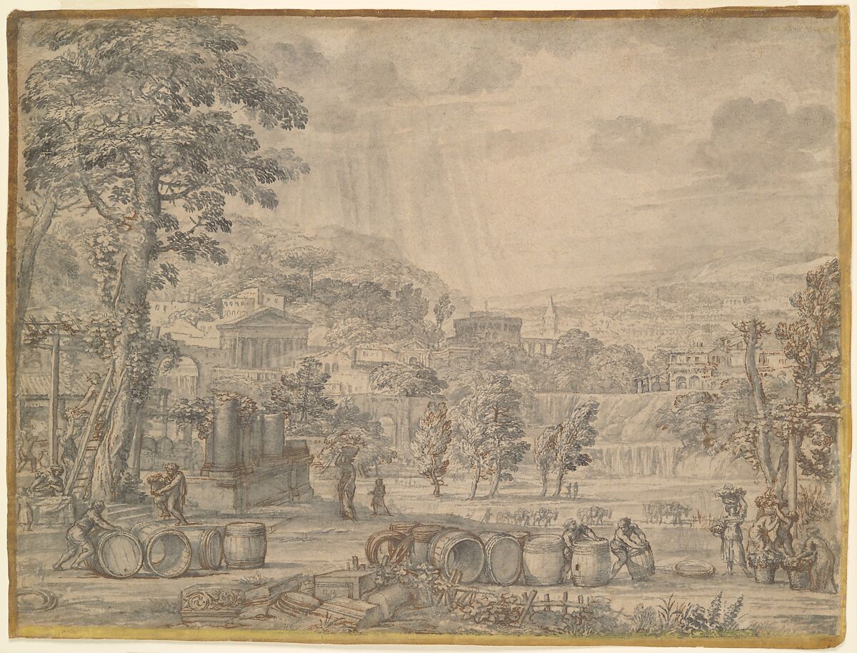 Landscape with Wine Harvest, Pietro da Cortona (Pietro Berrettini) (Italian, Cortona 1596–1669 Rome), Brush and gray wash, touches of pen and brown ink, over traces of black chalk, with an illusionistic frame drawn in yellow and brown wash