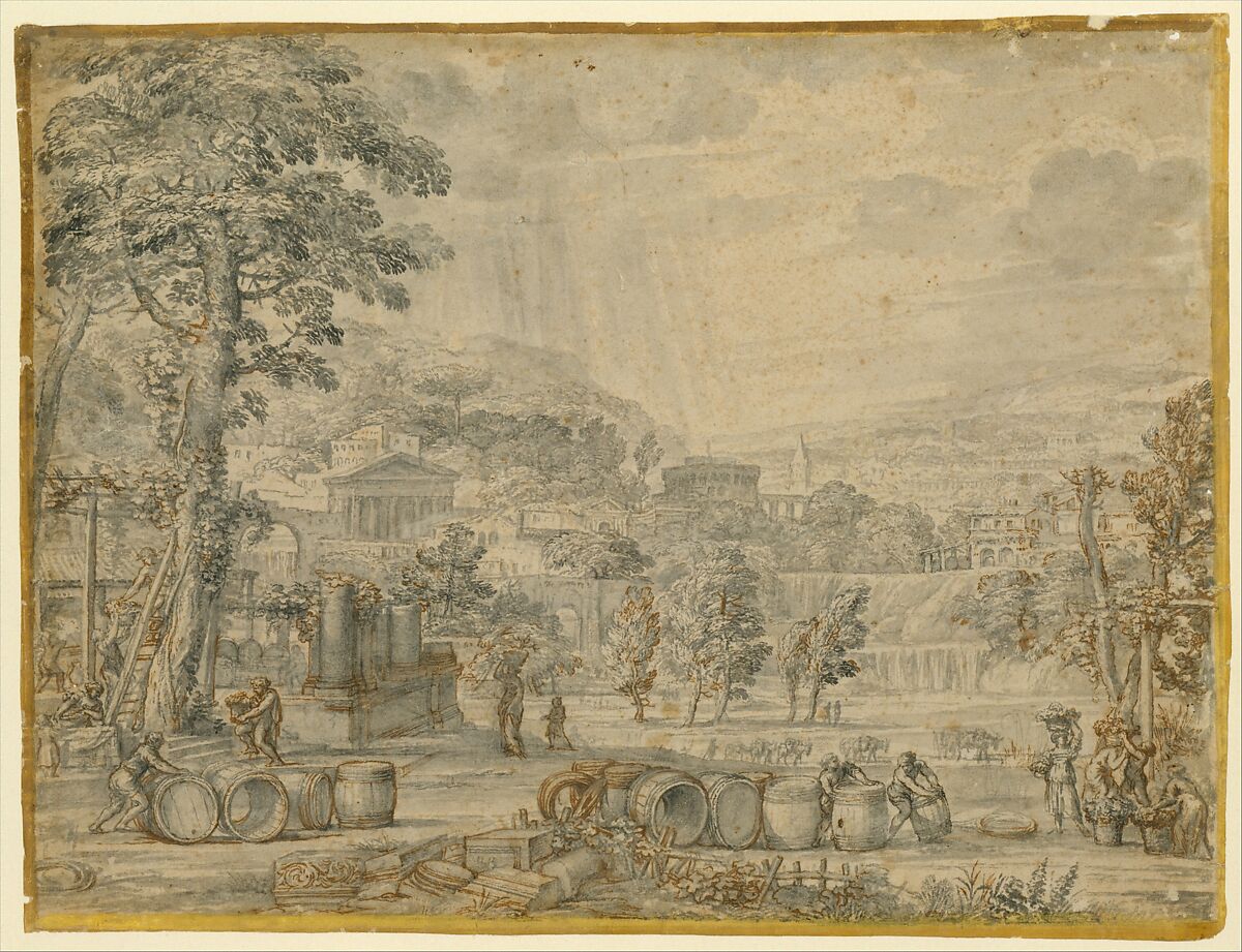 Landscape with Wine Harvest, Pietro da Cortona (Pietro Berrettini) (Italian, Cortona 1596–1669 Rome), Brush and gray wash, touches of pen and brown ink, over traces of black chalk, with an illusionistic frame drawn in yellow and brown wash