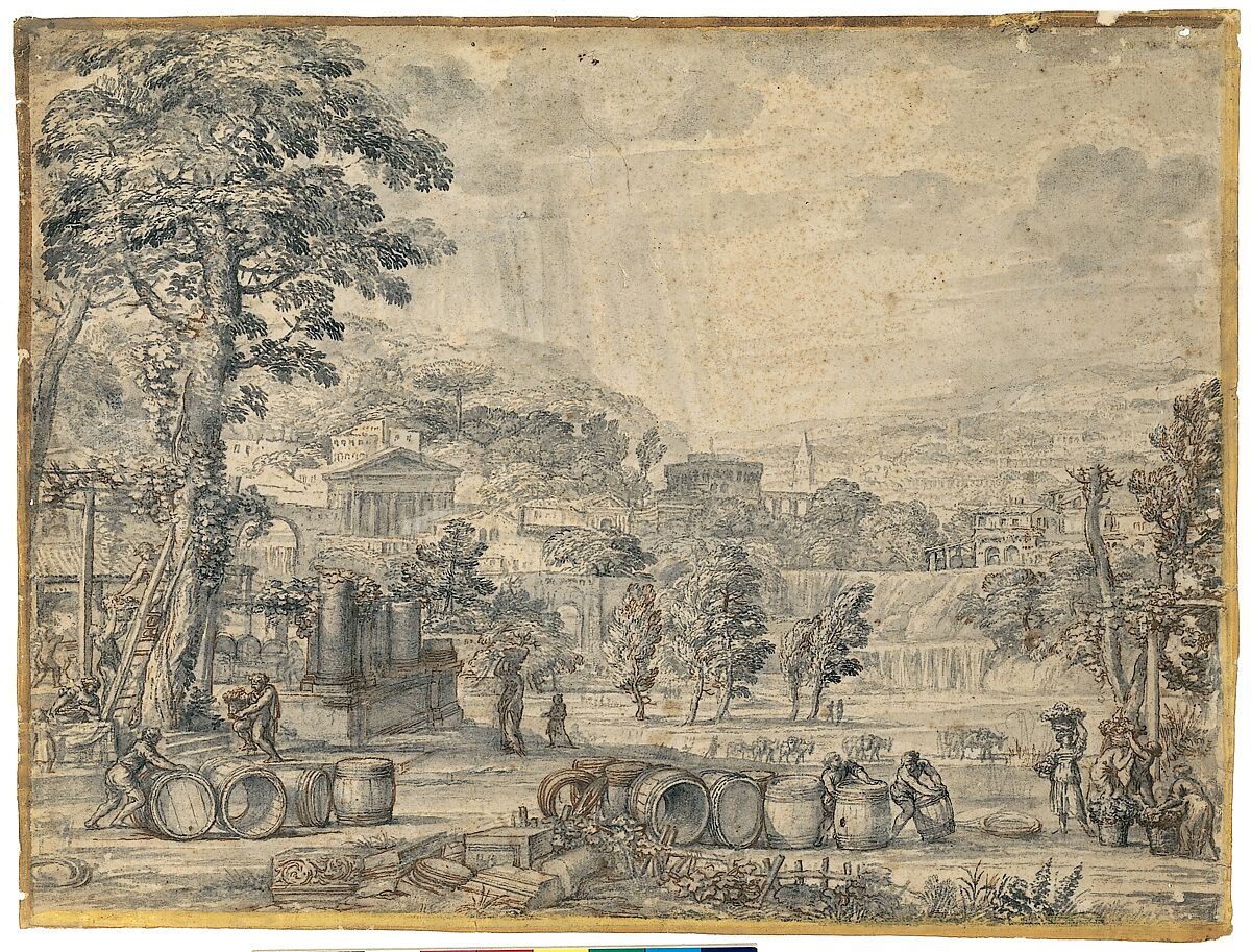 Landscape with Wine Harvest, Pietro da Cortona (Pietro Berrettini) (Italian, Cortona 1596–1669 Rome), Brush and gray wash, touches of pen and brown ink, over traces of black chalk, with an illusionistic frame drawn in yellow and brown wash