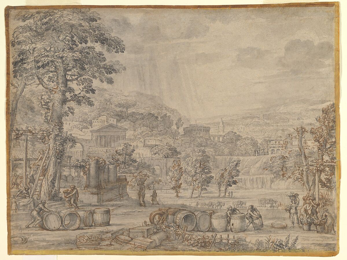 Landscape with Wine Harvest, Pietro da Cortona (Pietro Berrettini) (Italian, Cortona 1596–1669 Rome), Brush and gray wash, touches of pen and brown ink, over traces of black chalk, with an illusionistic frame drawn in yellow and brown wash 