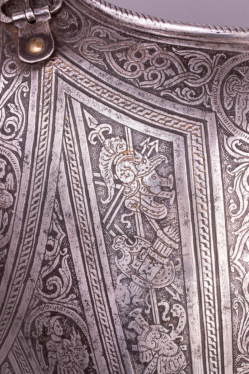 Backplate of an Armor for Vincenzo Luigi di Capua (d. 1627), Pompeo della Cesa (Italian, Milan, ca. 1537–1610), Steel, gold, leather, copper alloy, Italian, Milan