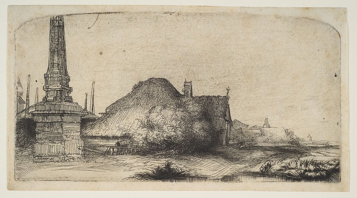 Cottage and Boundary Post on the Spaarndammerdijk ('L'Obelisque'), Rembrandt (Rembrandt van Rijn) (Dutch, Leiden 1606–1669 Amsterdam), Etching and drypoint; second of two states 