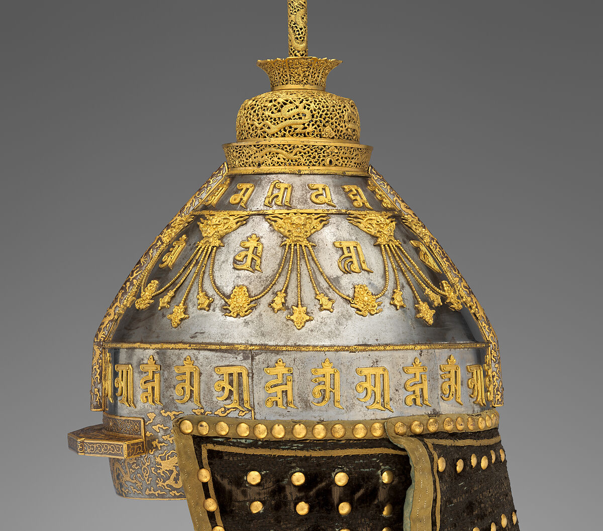 Ceremonial Helmet, Steel, copper, gold, silk, metallic thread, Chinese