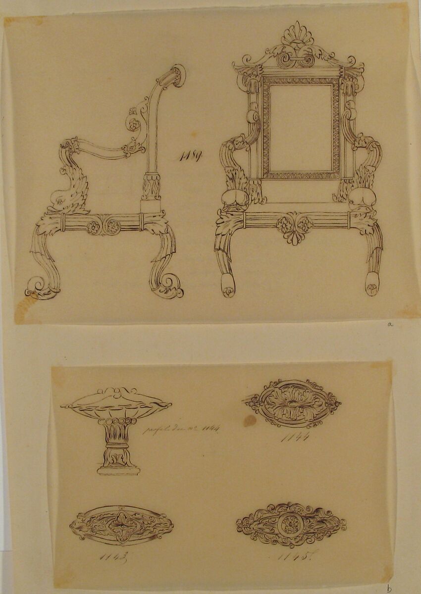 Design for a Chair and Three Designs for Ceiling Molding, Anonymous, French, 19th century, Pen and brown ink