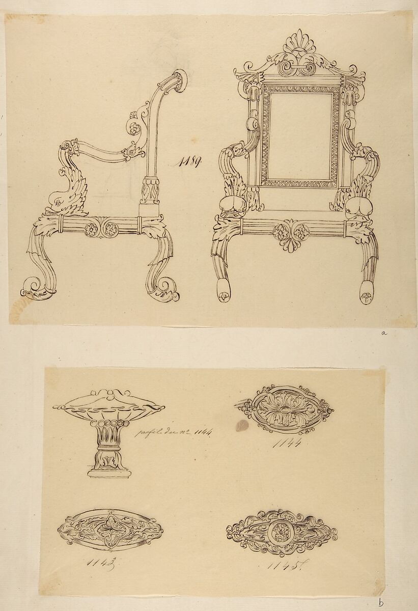 Design for a Chair and Three Designs for Ceiling Molding, Anonymous, French, 19th century, Pen and brown ink 