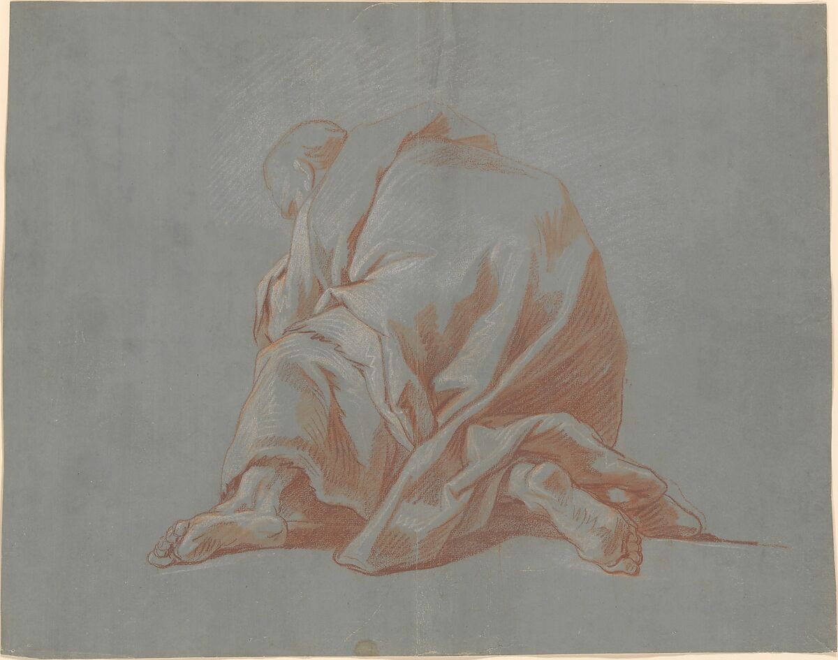 Study of a Draped Figure, Jean François de Troy (French, Paris 1679–1752 Rome), Red and white chalk, stumped, on blue prepared paper 