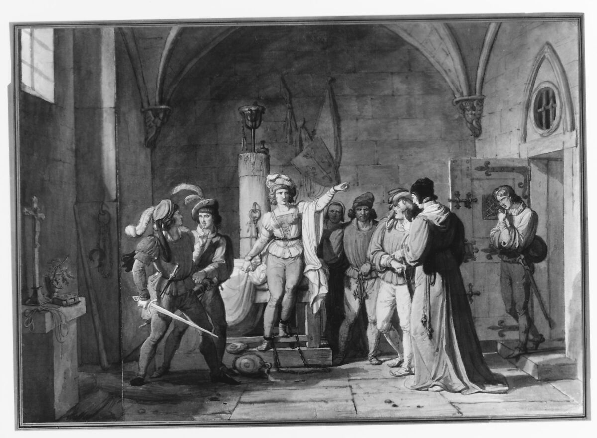 Joan of Arc Imprisoned in Rouen, Pierre Henri Revoil (French, Lyon 1776–1842 Lyon), Pen and brown ink, watercolor, and wash on two sheets of laid paper, mounted together on a sheet of laid paper