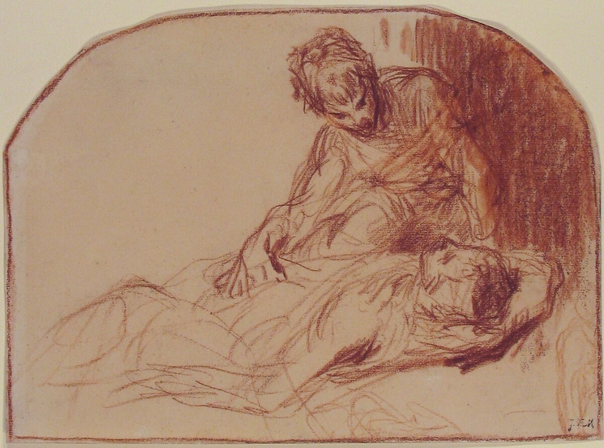 A Young Man Seated, Bent over a Reclining Figure, Jean-François Millet (French, Gruchy 1814–1875 Barbizon), Red chalk with stumping on laid paper