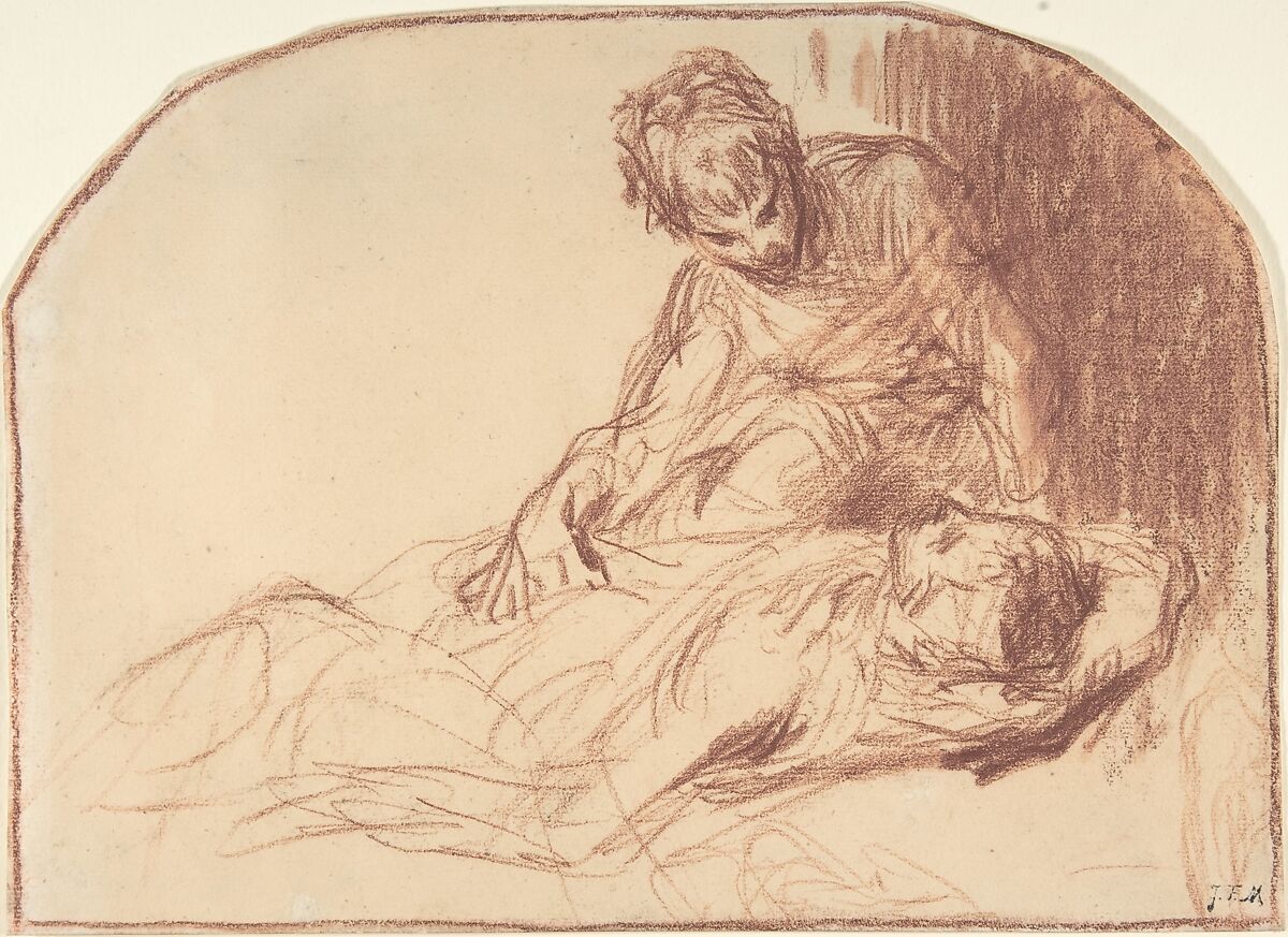 A Young Man Seated, Bent over a Reclining Figure, Jean-François Millet (French, Gruchy 1814–1875 Barbizon), Red chalk with stumping on laid paper 