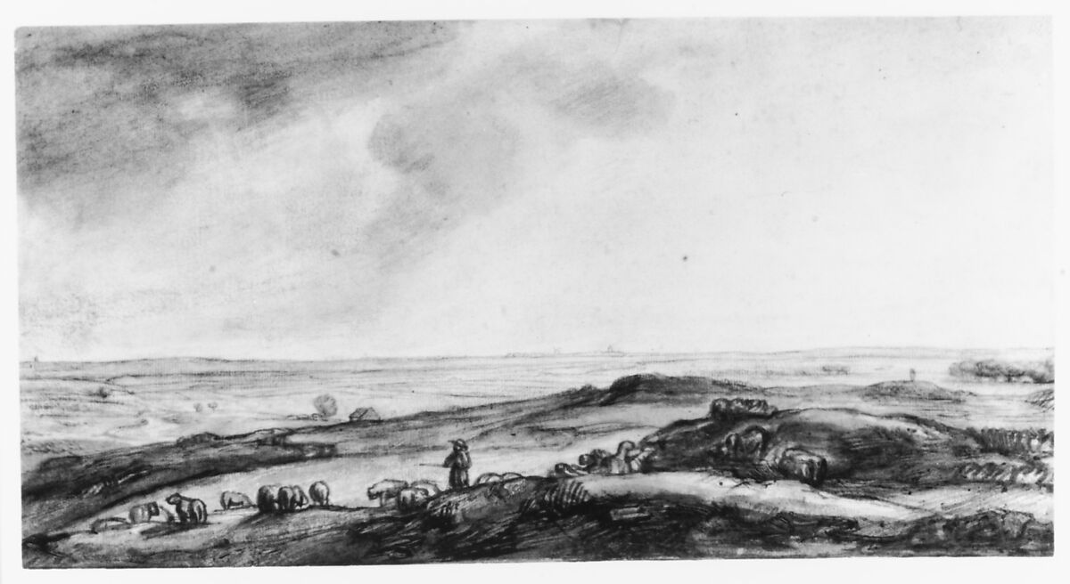A Panoramic Landscape with a Herdsman and His Flock, Jan Ruischer (Dutch, born Franeker, ca. 1625–after 1675), Pen and brown ink, brush and brown wash, over black chalk