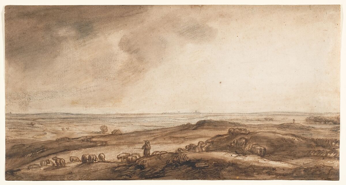 A Panoramic Landscape with a Herdsman and His Flock, Jan Ruischer (Dutch, born Franeker, ca. 1625–after 1675), Pen and brown ink, brush and brown wash, over black chalk