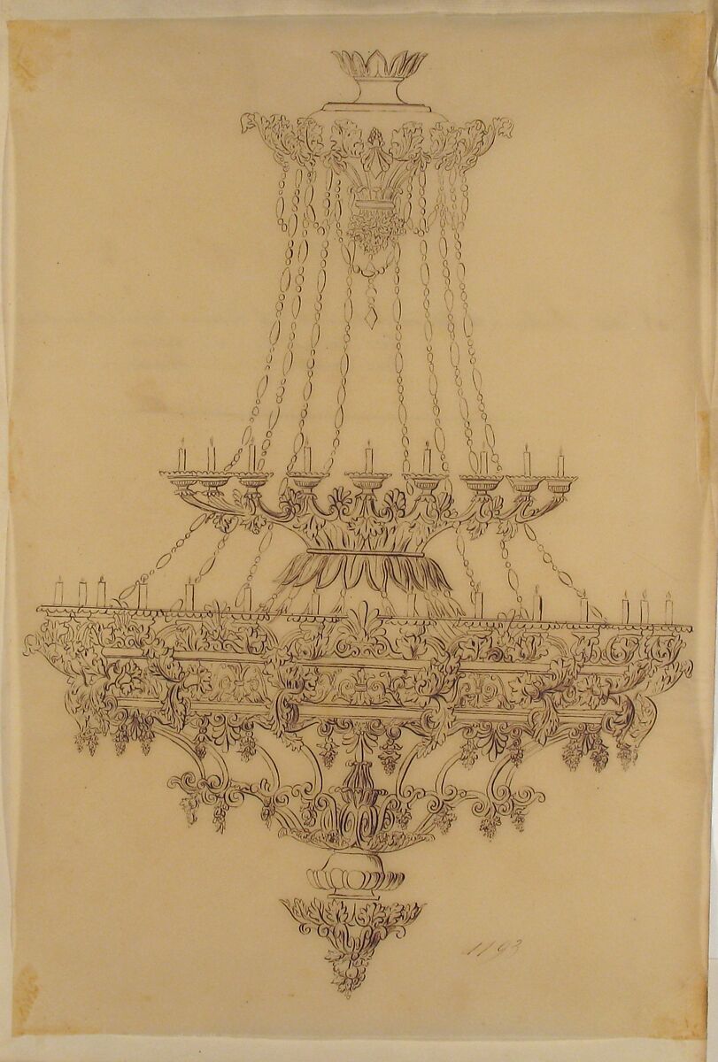 Design for a Chandelier with Acanthus Leaf, Grape, and Palmette Motifs, Anonymous, French, 19th century, Pen and brown ink