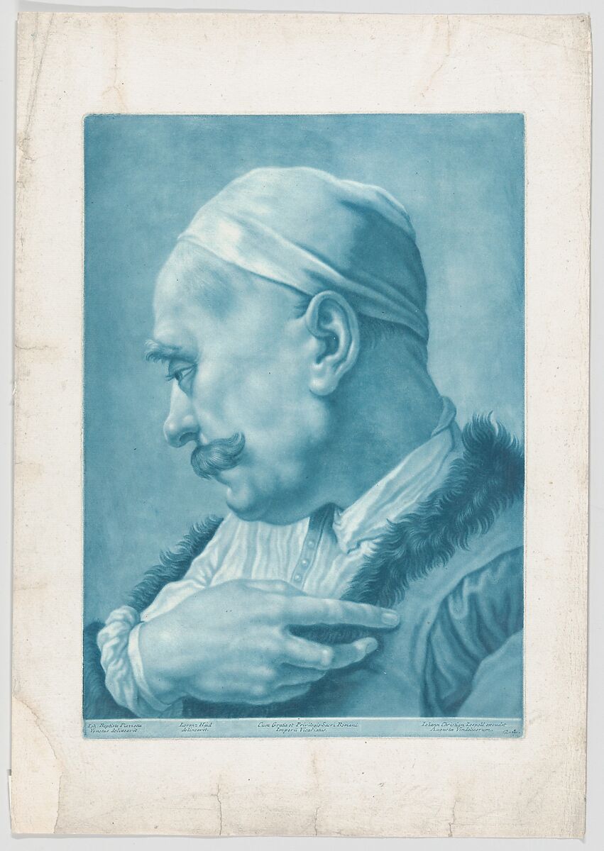 Imaginary portrait head of a man wearing a cap and fur-trimmed coat; from the series of 22 imaginary portrait heads after Giovanni Battista Piazzetta, Johann Lorenz Haid (German, Kleineislingen 1702–1750 Augsburg), Mezzotint printed in blue 