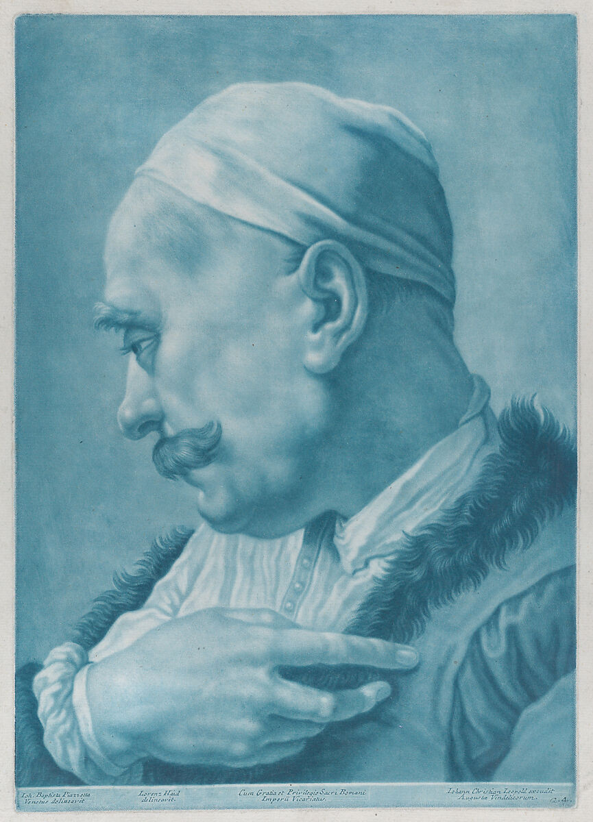 Imaginary portrait head of a man wearing a cap and fur-trimmed coat; from the series of 22 imaginary portrait heads after Giovanni Battista Piazzetta, Johann Lorenz Haid (German, Kleineislingen 1702–1750 Augsburg), Mezzotint printed in blue