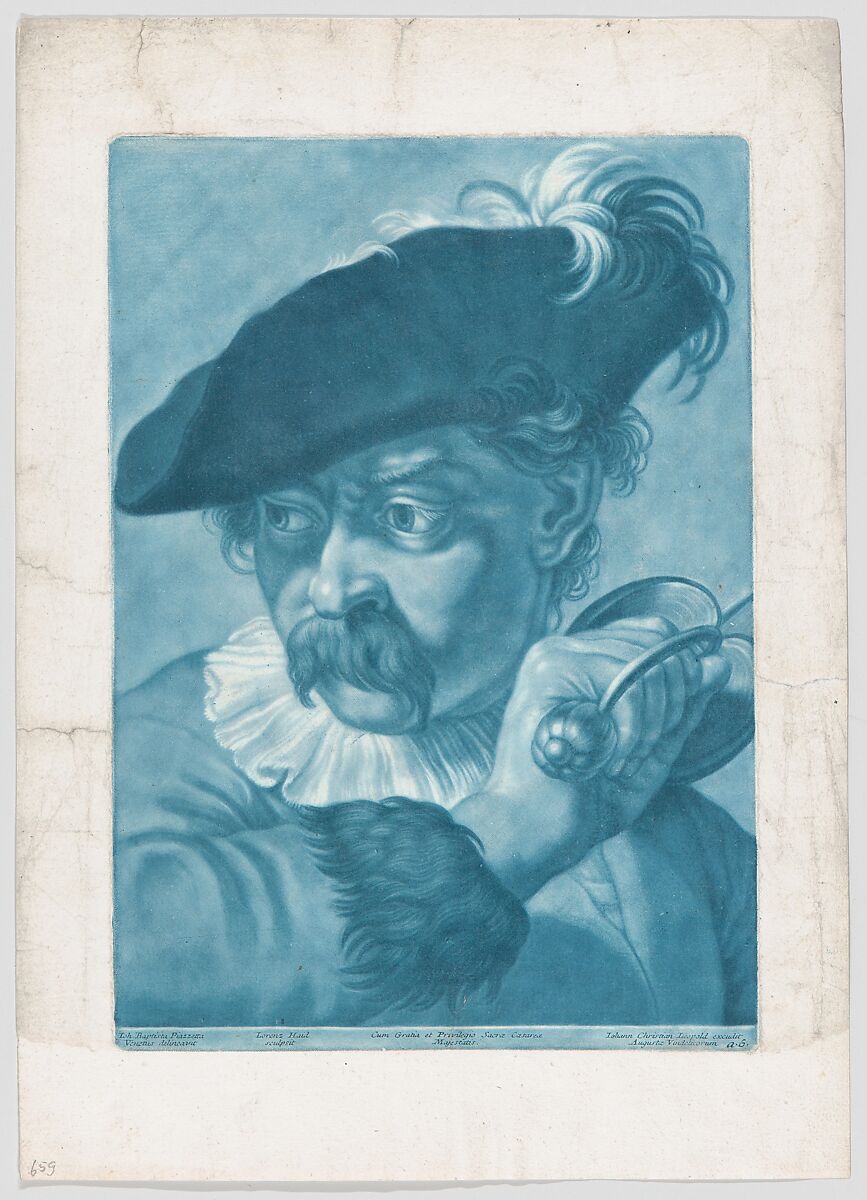Imaginary portrait head of a man in a feathered hat; from the series of 22 imaginary portrait heads after Giovanni Battista Piazzetta, Johann Lorenz Haid (German, Kleineislingen 1702–1750 Augsburg), Mezzotint printed in blue 