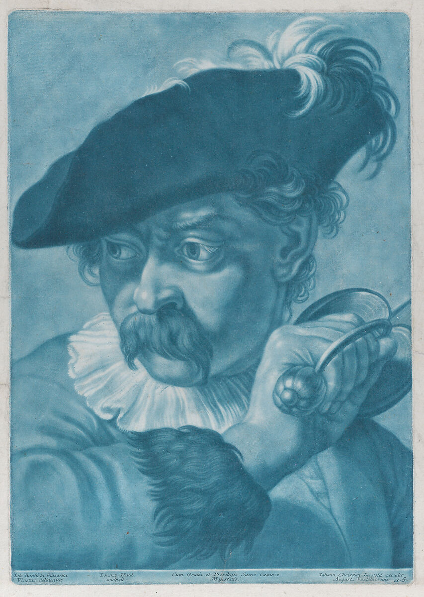 Imaginary portrait head of a man in a feathered hat; from the series of 22 imaginary portrait heads after Giovanni Battista Piazzetta, Johann Lorenz Haid (German, Kleineislingen 1702–1750 Augsburg), Mezzotint printed in blue