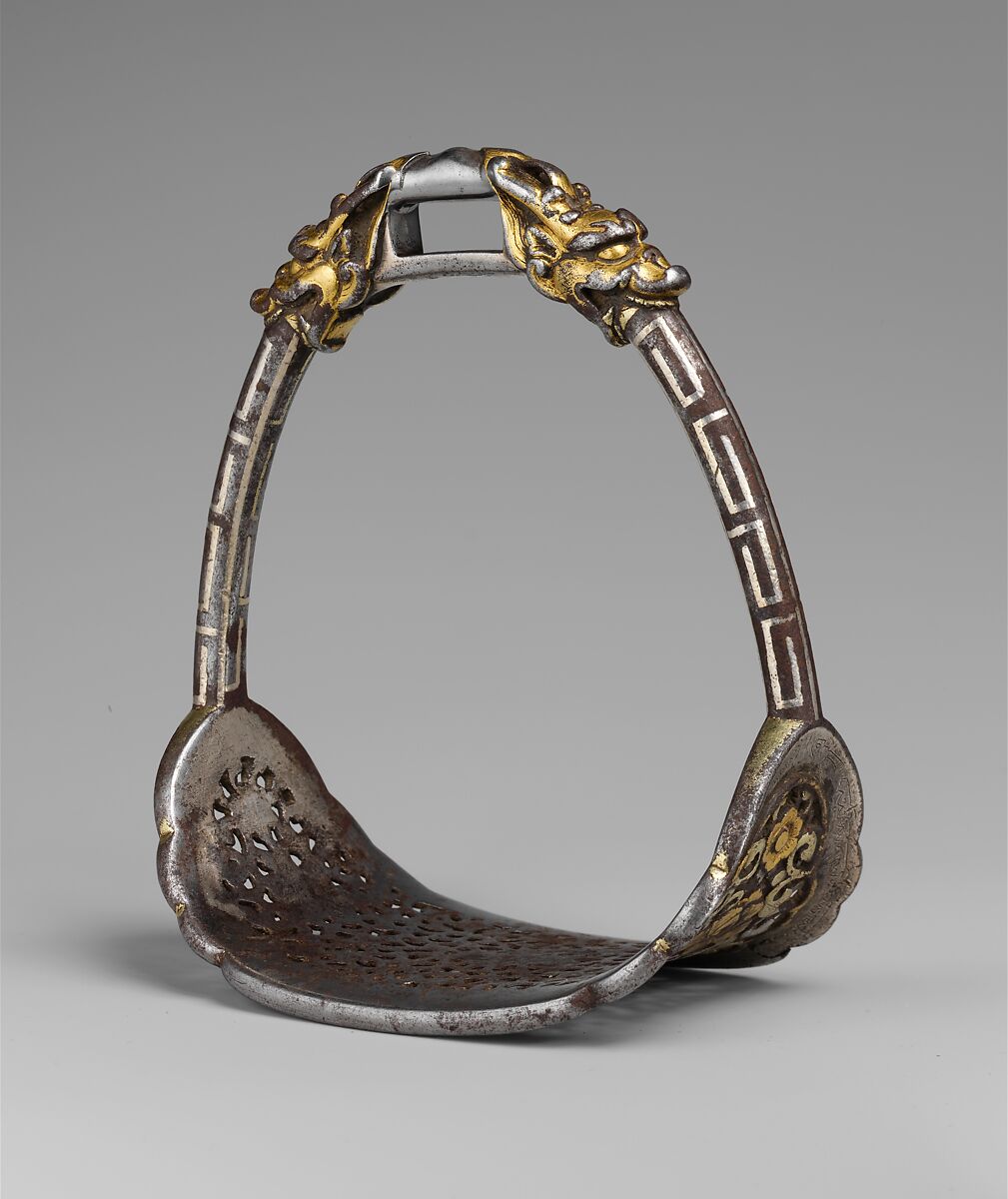 Two Stirrups, Iron, gold, silver, Mongolian or Tibetan