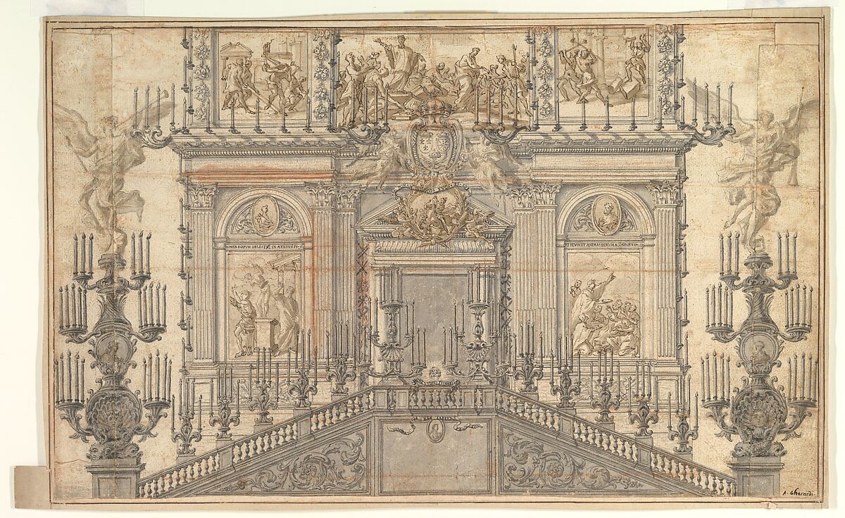 Festival decoration, Ascribed to Antonio Gherardi (Italian, Rieti 1644–1702 Rome), Pen and black and brown ink, red chalk, brush with gray and brown wash. 