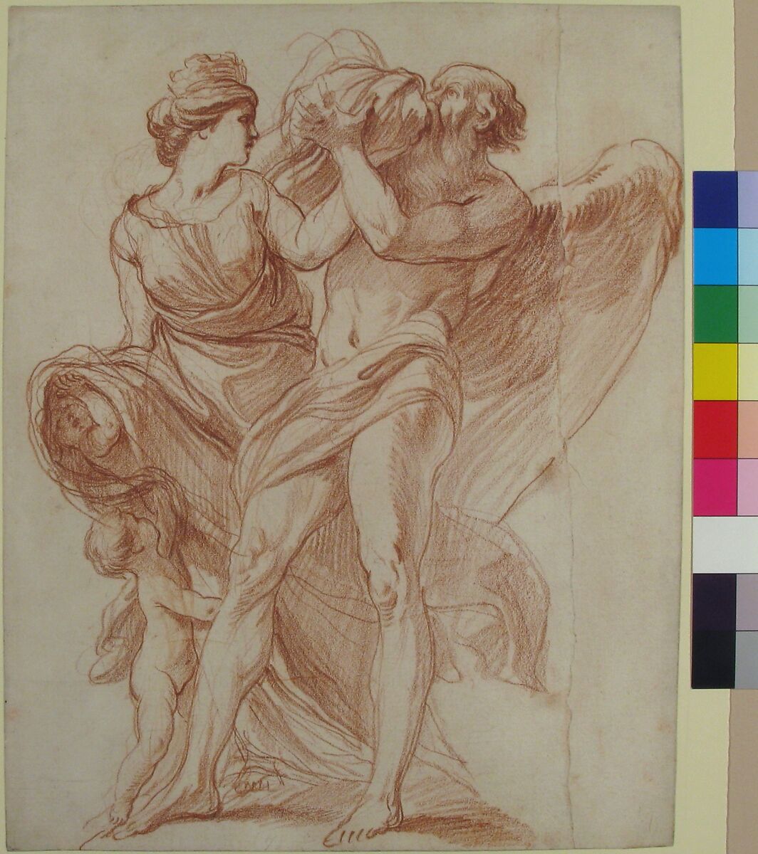 Rhea Outwitting Saturn, Edme Bouchardon (French, Chaumont 1698–1762 Paris), Red chalk on off-white laid paper, two sheets joined