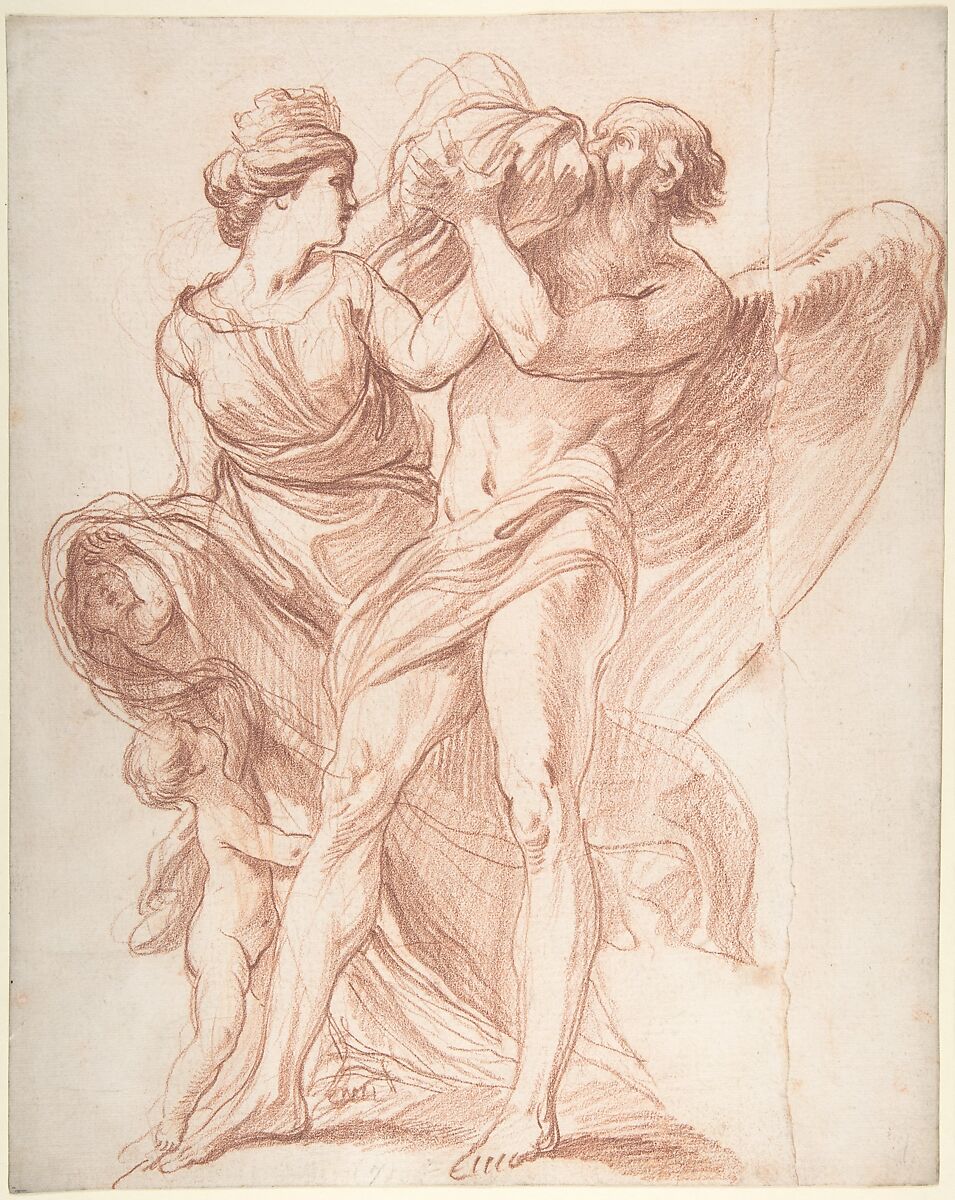 Rhea Outwitting Saturn, Edme Bouchardon (French, Chaumont 1698–1762 Paris), Red chalk on off-white laid paper, two sheets joined 