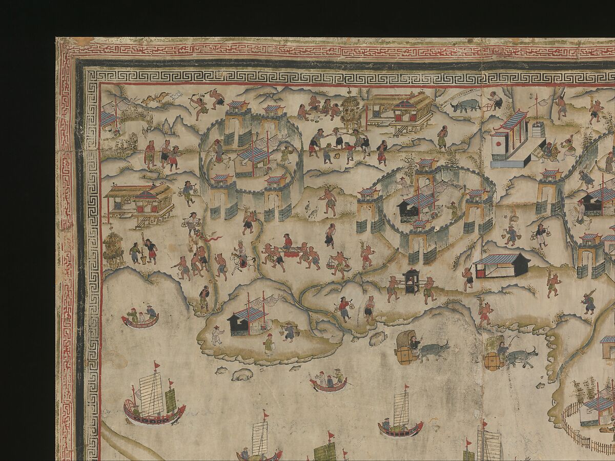 Forts Zeelandia and Provintia and the City of Tainan, Unidentified artist (Chinese, active 19th century), Wall hanging; ink and color on deerskin, China