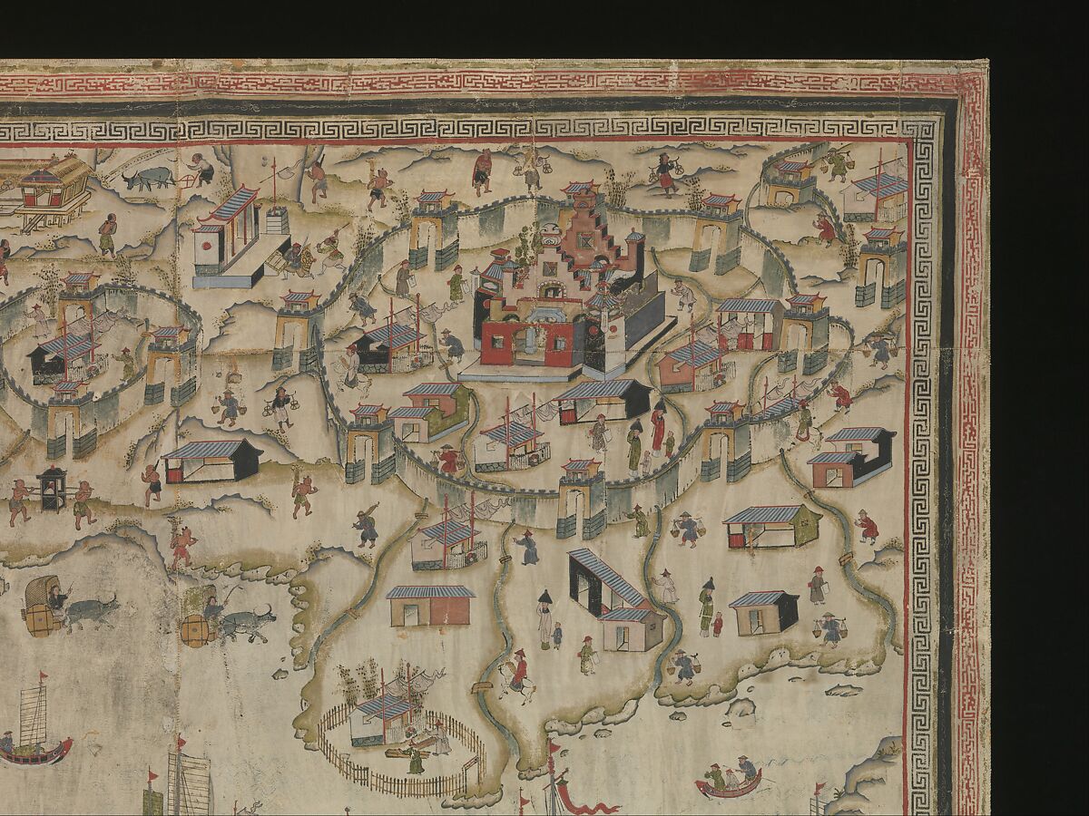 Forts Zeelandia and Provintia and the City of Tainan, Unidentified artist (Chinese, active 19th century), Wall hanging; ink and color on deerskin, China