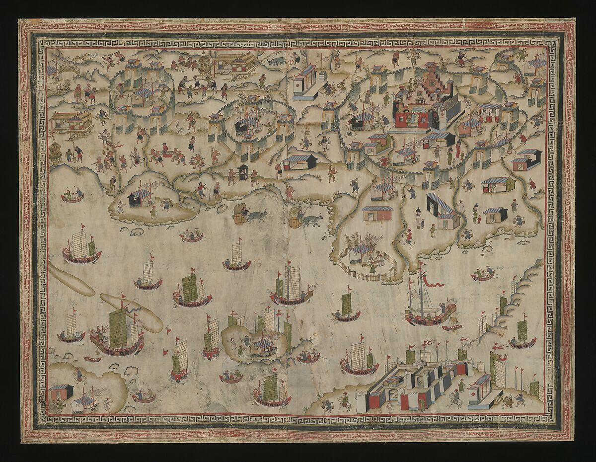 Forts Zeelandia and Provintia and the City of Tainan, Unidentified artist (Chinese, active 19th century), Wall hanging; ink and color on deerskin, China 
