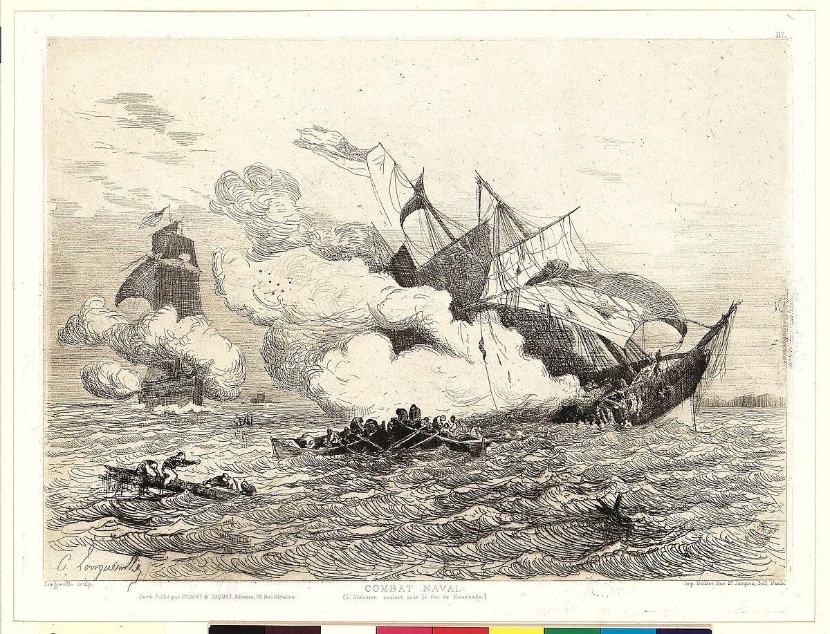 Combat Naval (L'Alabama coulant sous le feu de Kearsage), Charles Longueville (French, 1829–1882), Etching 