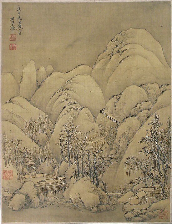 Landscape after Li Cheng, Unidentified artist, Hanging scroll; ink on silk, China 
