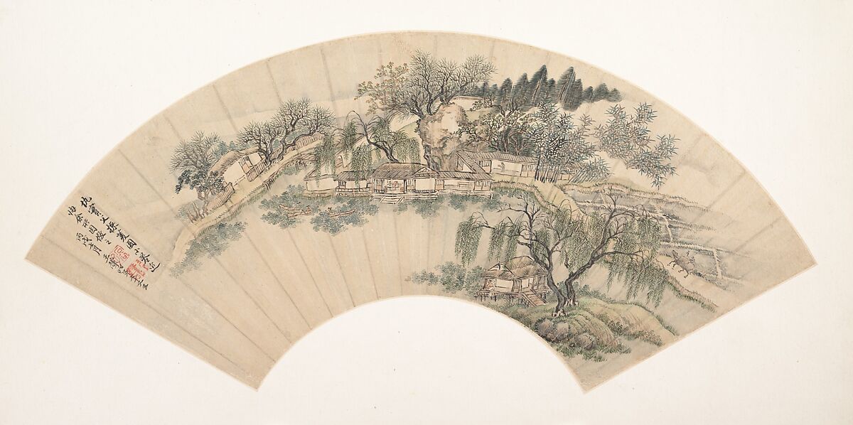 Gathering Water Chestnuts, Unidentified artist, Folding fan mounted as an album leaf; ink and color on paper, China 