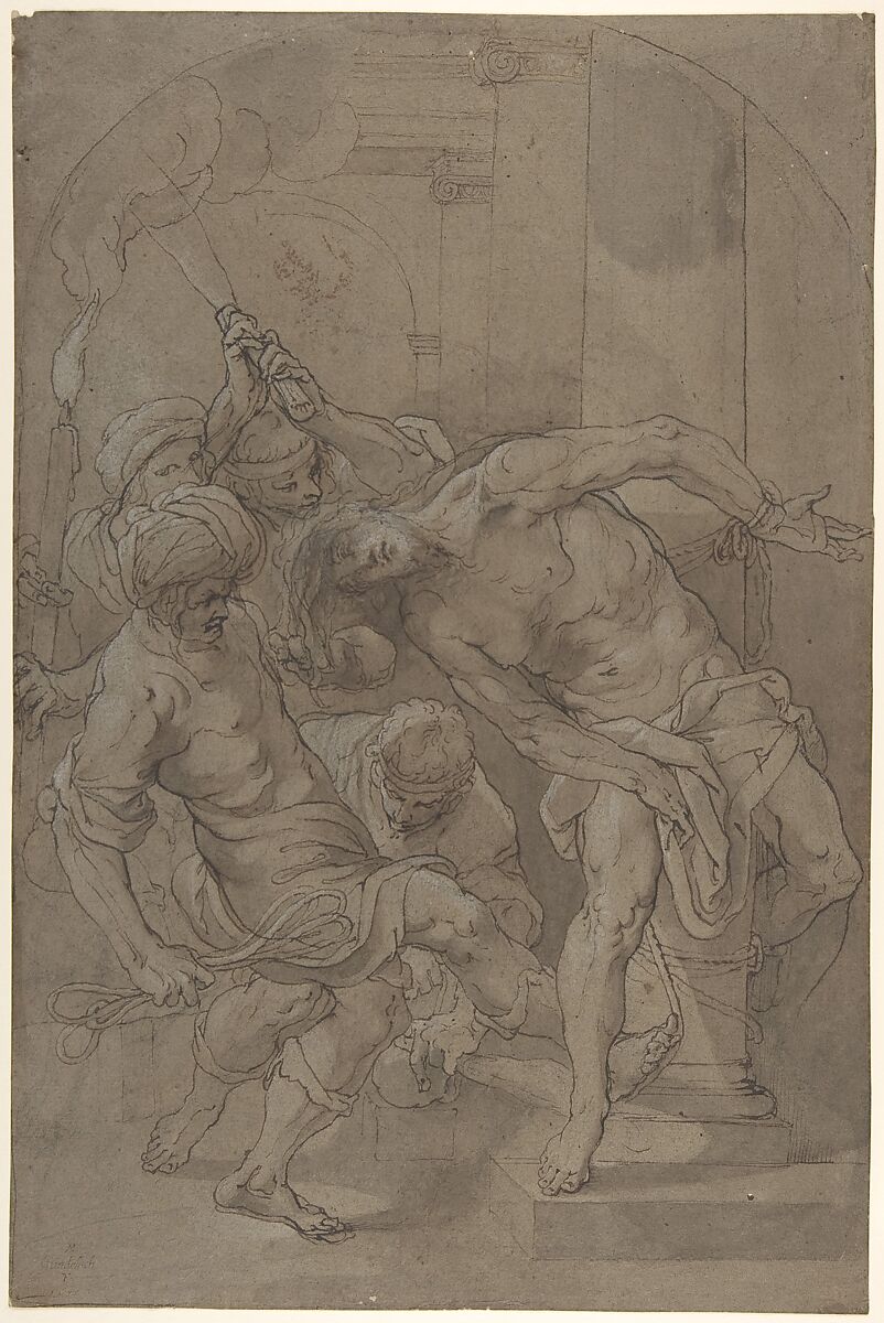 The Flagellation of Christ, Matthäus Gundelach (German, Hessen ca. 1566–1653/4 Augsburg), Black chalk, pen and brown ink, brush and brown wash, heightened with white 