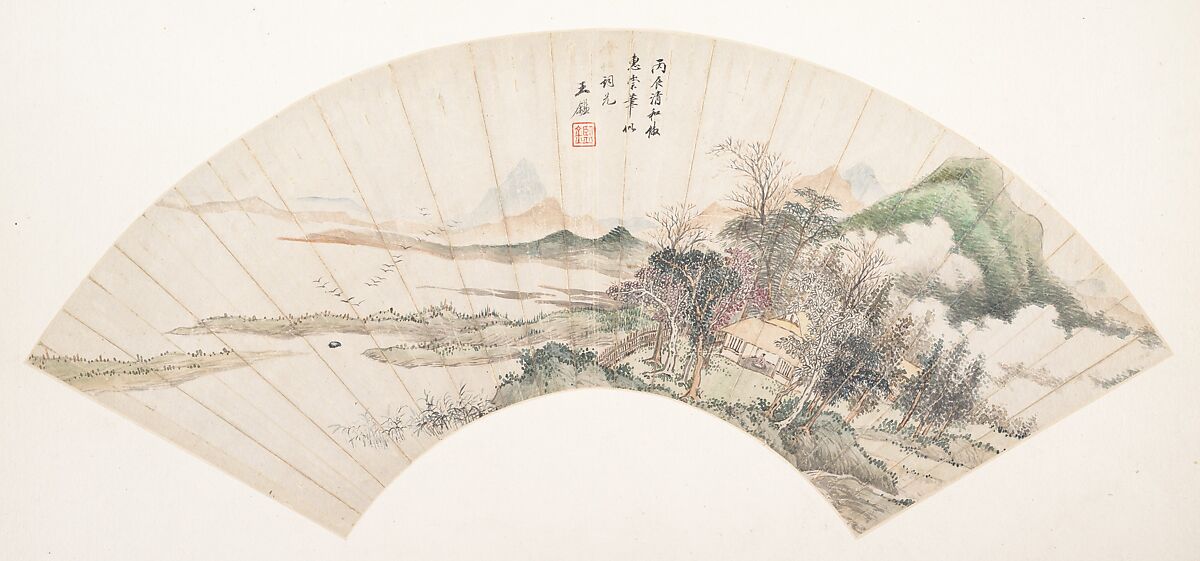 Landscape in the Style of Huichong, Unidentified artist, Folding fan mounted as an album leaf; ink and color on paper, China 