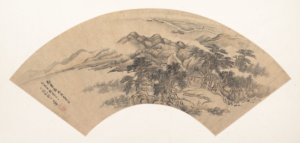 Landscape in the Style of Yan Wengui, Unidentified artist, Folding fan mounted as an album leaf; ink and color on paper, China 