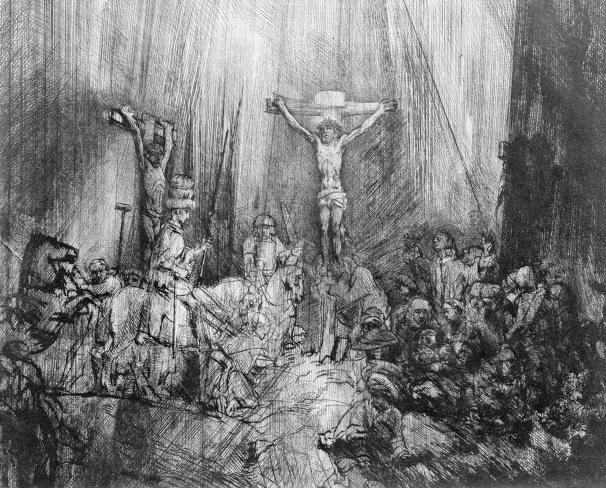 Christ Crucified between the Two Thieves:  The Three Crosses, Rembrandt (Rembrandt van Rijn) (Dutch, Leiden 1606–1669 Amsterdam), Drypoint
