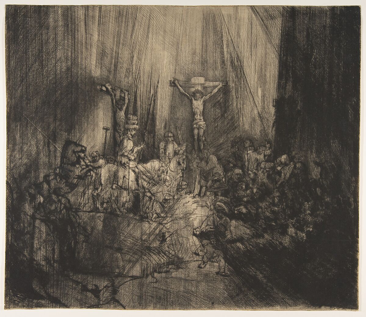 Christ Crucified between the Two Thieves:  The Three Crosses, Rembrandt (Rembrandt van Rijn) (Dutch, Leiden 1606–1669 Amsterdam), Drypoint 