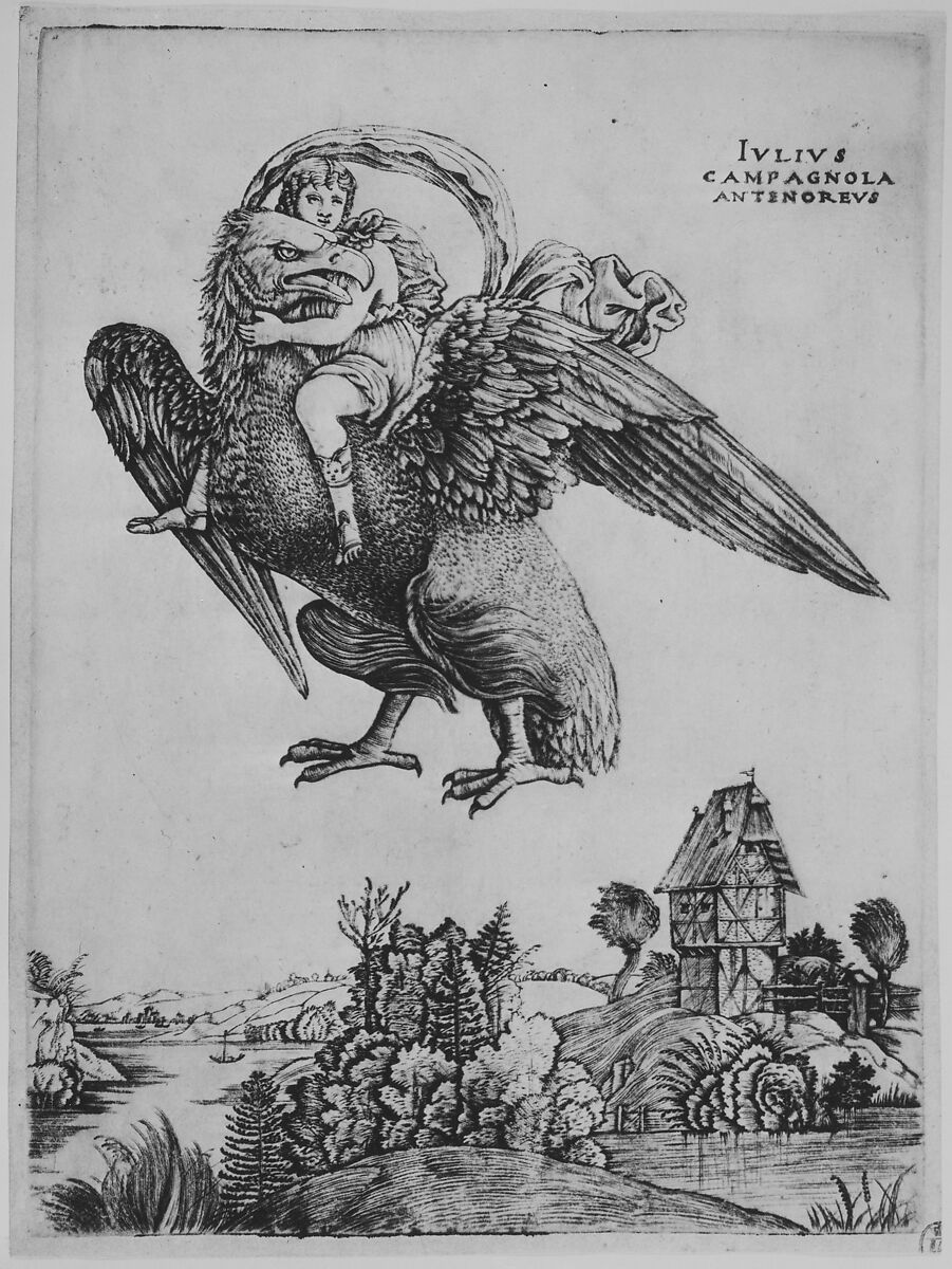 Ganymede as a young boy riding a large eagle (Zeus) in flight above a landscape, Giulio Campagnola (Italian, Padua ca. 1482–ca. 1515/18 Venice), Engraving