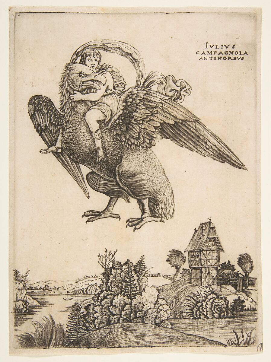 Ganymede as a young boy riding a large eagle (Zeus) in flight above a landscape, Giulio Campagnola (Italian, Padua ca. 1482–ca. 1515/18 Venice), Engraving 