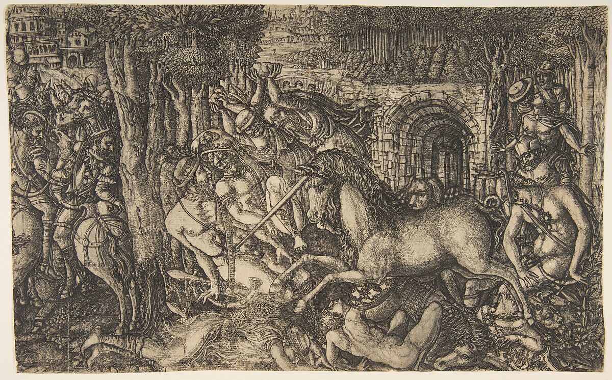 A King Pursued by a Unicorn, from the Unicorn Series, Jean Duvet (French, ca. 1485–after 1561), Engraving, only state 