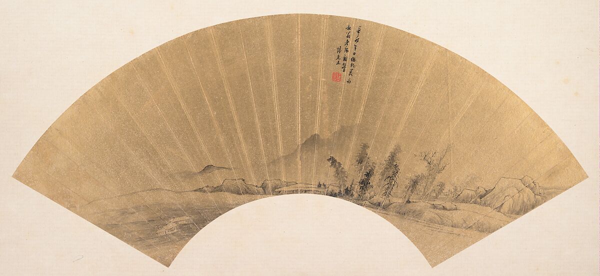 Landscape in the manner of Dong Yuan, Lu Kezheng (Chinese, active 17th century), Folding fan mounted as an album leaf; ink on gold paper, China 