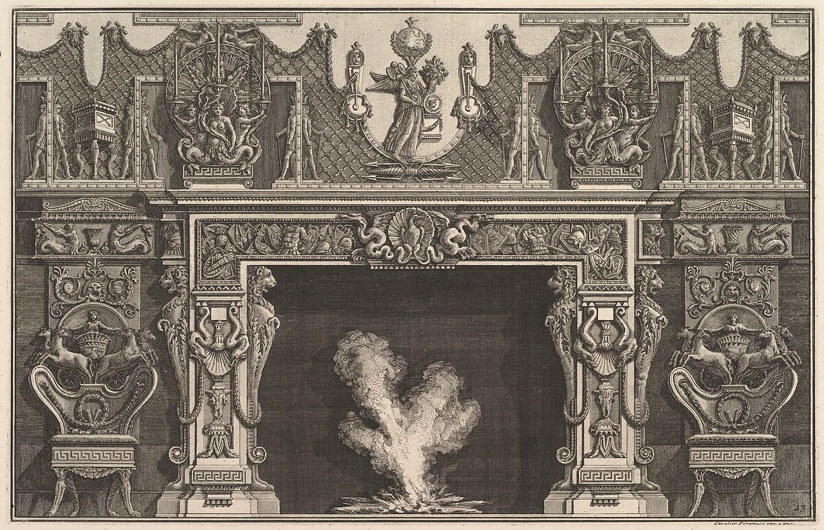 Bird in shell at the center of the lintel, with a frieze of trophies, surmounted by an overmantel with candelabra and flanked by chairs. (Ch. décorée d'une frise de casques et d'armures . . .), Giovanni Battista Piranesi (Italian, Mogliano Veneto 1720–1778 Rome), Etching 