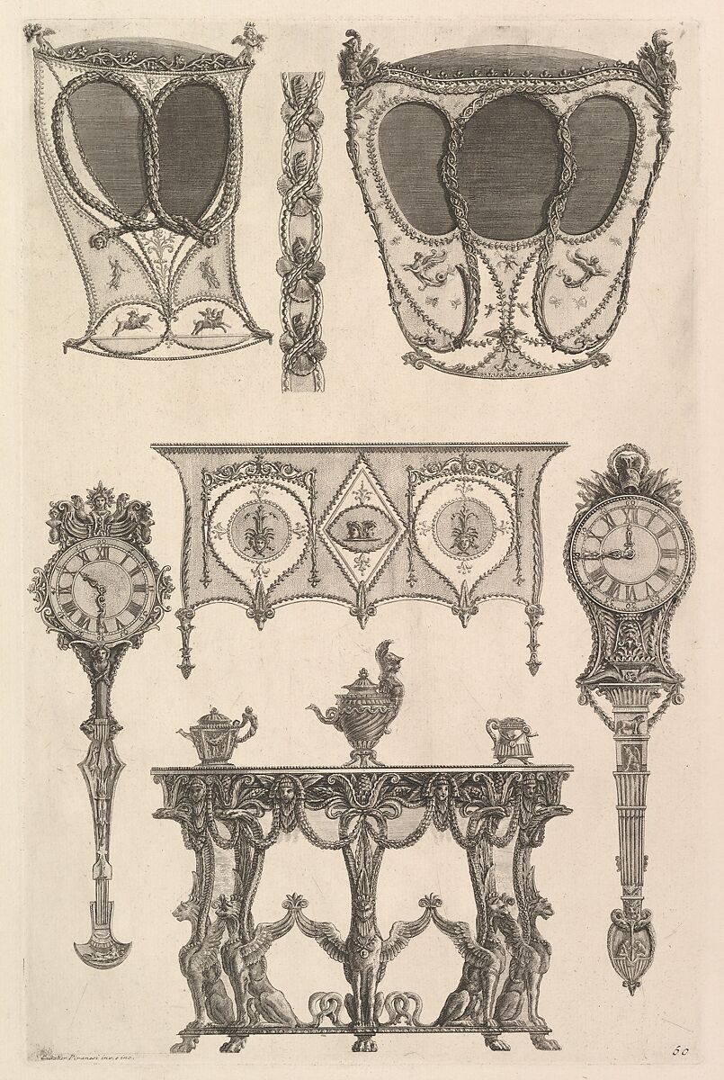 A sedan chair, a coach, a commode, a side table and two clocks (Deux ch. à porteurs v. de côté, une commode, une console, deux pedules, un meuble indét), from Diverse Maniere d'adornare i cammini ed ogni altra parte degli edifizi...(Different Ways of ornamenting chimneypieces and all other parts of houses), Giovanni Battista Piranesi (Italian, Mogliano Veneto 1720–1778 Rome), Etching 