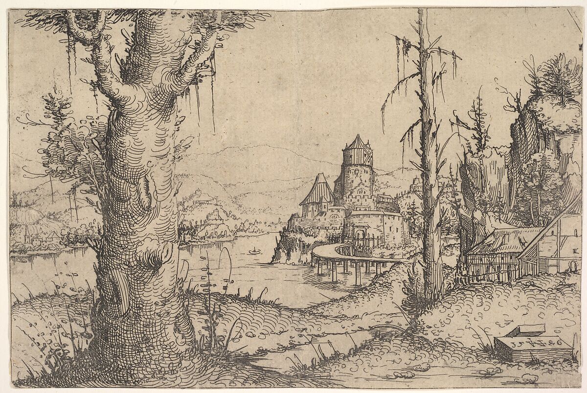 River Landscape with Large Tree at Left, Augustin Hirschvogel (German, Nuremberg 1503–1553 Vienna), Etching, first state of two 