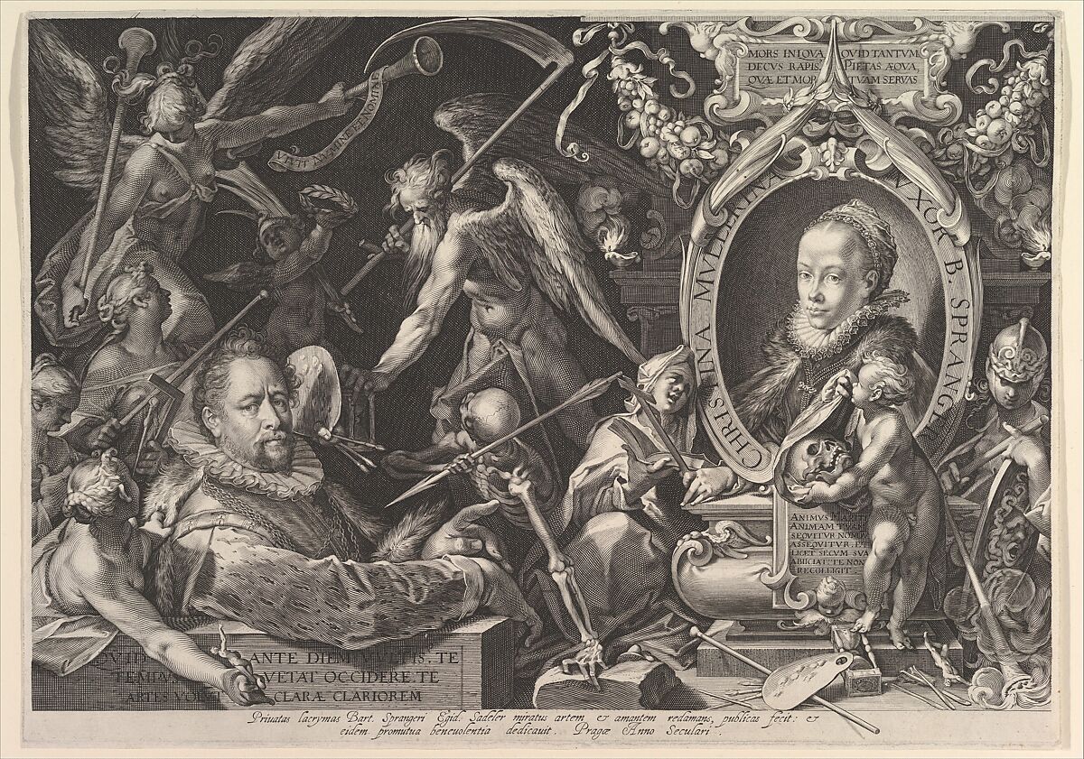Portrait of Bartholomeus Spranger with an Allegory on the Death of his Wife, Christina Muller, Aegidius Sadeler II (Netherlandish, Antwerp 1568–1629 Prague), Engraving; first state of two 