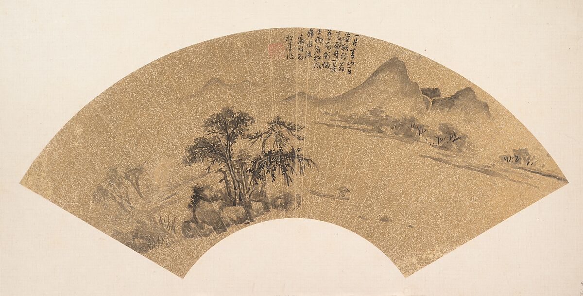 Landscape, Unidentified artist, Folding fan mounted as an album leaf; ink and color on gold-flecked paper, China 