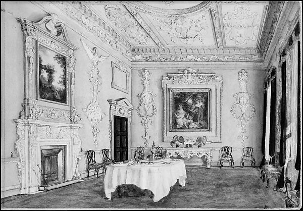 Kirtlington Park, Oxfordshire: View of the Dining Room, Susan Alice Dashwood (British, 1856–1922), Watercolor and gouache (bodycolor) over graphite