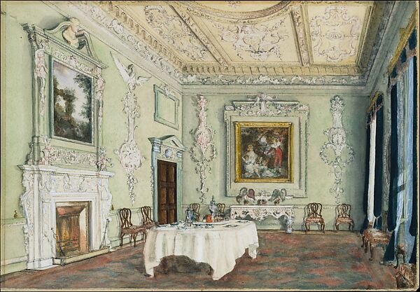 Kirtlington Park, Oxfordshire: View of the Dining Room, Susan Alice Dashwood (British, 1856–1922), Watercolor and gouache (bodycolor) over graphite
