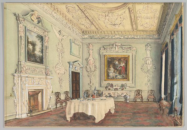 Kirtlington Park, Oxfordshire: View of the Dining Room, Susan Alice Dashwood (British, 1856–1922), Watercolor and gouache (bodycolor) over graphite 