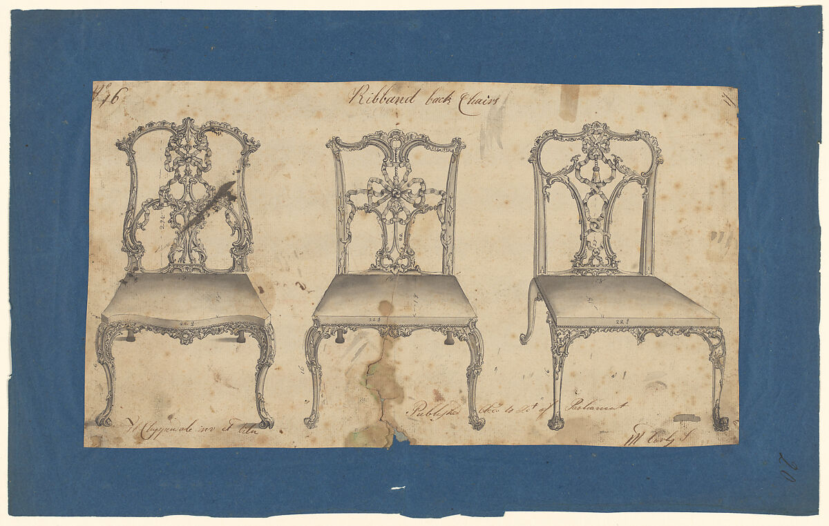 Ribband Back Chairs, Thomas Chippendale (British, baptised Otley, West Yorkshire 1718–1779 London), Pen and black ink, brush and gray wash