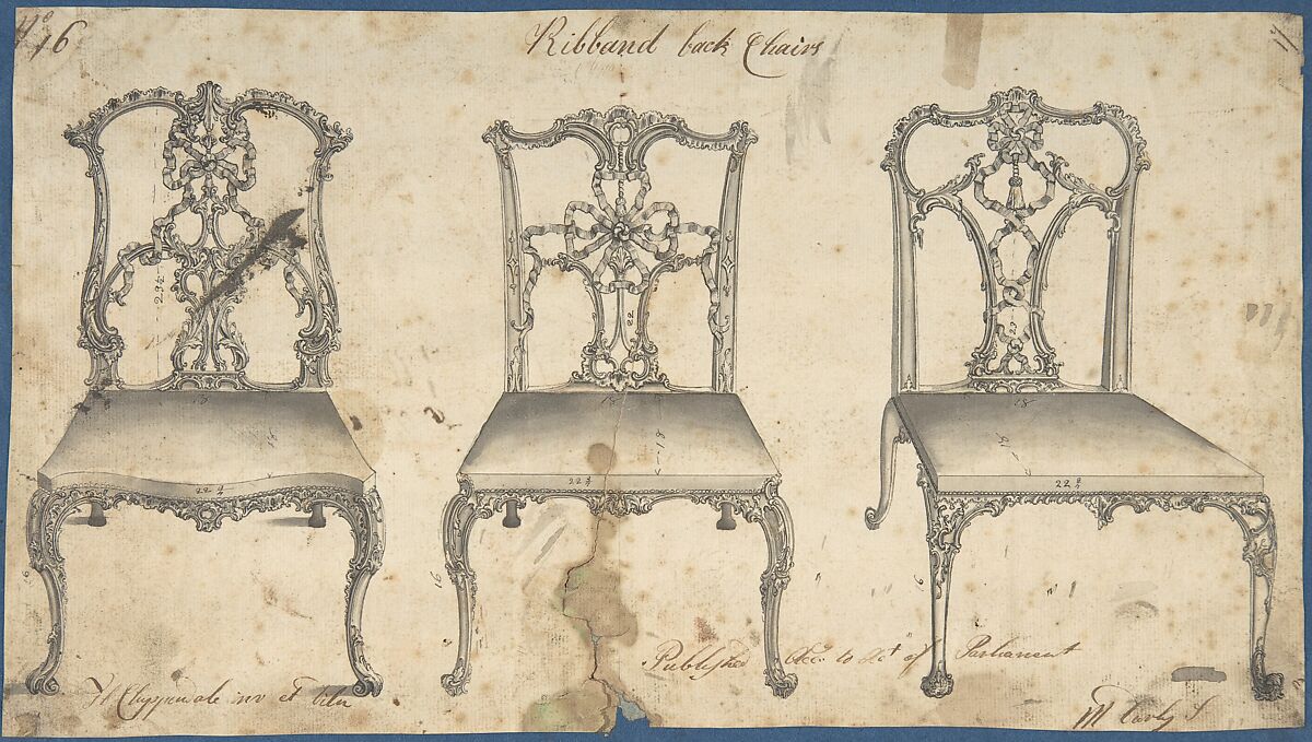 Ribband Back Chairs, Thomas Chippendale (British, baptised Otley, West Yorkshire 1718–1779 London), Pen and black ink, brush and gray wash 